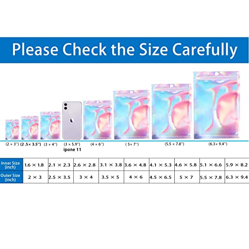 Malastar 3x4 inch 100PCS Resealable Smell Proof Bags,Holographic Packaging Bags, Foil Pouch baggies, Clear Small Mylar Ziplock Bag for Jewelry,Candy,Food Storage and Party Favor