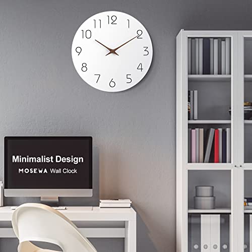Mosewa Wall Clock 10 Inch Silent Non Ticking Wood Wall Clocks Battery Operated - Wooden White Modern Office Simple Minimalist Clock Decorative for Kitchen,Home,Bathroom,Living Room(10" White)