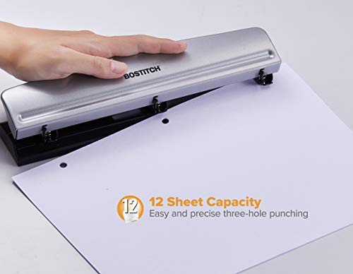 Bostitch Office Premium 3 Hole Punch, 12 Sheet Capacity, Metal, Rubber Base, Easy-Clean Tray, Silver