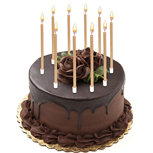 24 Count Party Long Thin Cake Candles Metallic Birthday Candles in Holders for Birthday Cakes Cupcake, Champagne Gold
