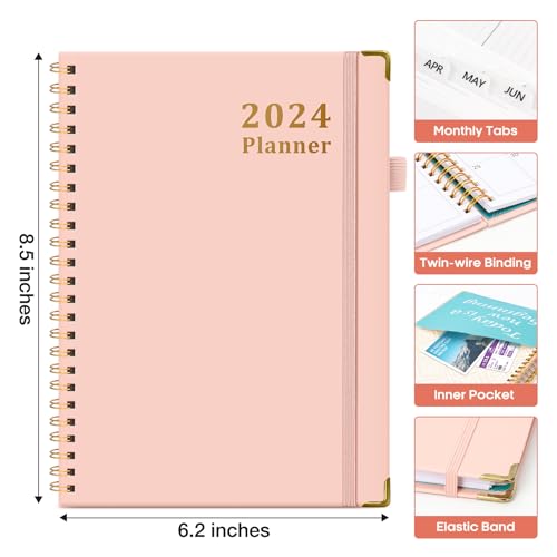 2024 Planner - Weekly and Monthly Planner Spiral Bound, Jan 2024 - Dec 2024, A5 (6.7" x 8.6"), Planner 2024 with Tabs, Inner Pocket, Helps To Keep Track Of Tasks - Pink