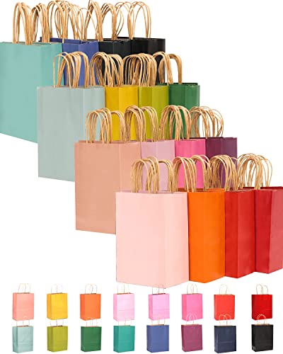 qiqee 32-Packs Paper Bags with Handles Bulk 8.26"×6"×3.15" Small Gift Bags 16 Different Senior Color Bags Multiple Uses（Small Size）