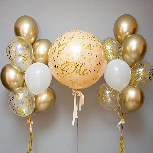 RUBFAC White Gold Balloons Garland Arch Kit with Gold Confetti Balloons for Baptism Wedding Birthday Party Decoration