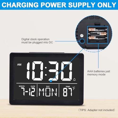 Amgico Digital Alarm Clock with Snooze, Small Clock/Table Clock, 6.3" LED Digital Calendar, 12/24H, Adjustable Brightness/Volume, Desk Clock for Bedroom, Living Room, Office - Black