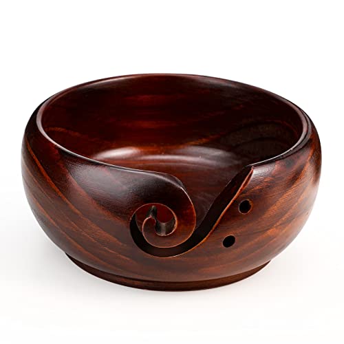 LOOEN Wooden Yarn Bowl Holder Rosewood,Knitting Wool Storage Basket Round with Holes Handmade Craft Crochet Kit Organizer Perfect for Mother's Day(Wine Red)