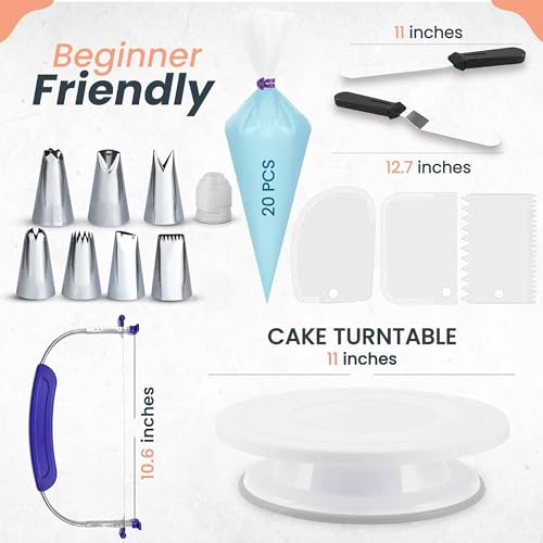 RFAQK 35PCs Cake Turntable and Leveler-Rotating Cake Stand with Non Slip pad-7 Icing Tips and 20 Bags- Straight & Offset Spatula-3 Scraper Set -EBook-Cake Decorating Supplies Kit -Baking Tools