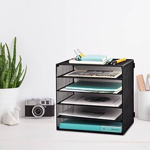 EASEPRES 5 Slot Desk Organizer Tray, Mesh File Paper Letter Tray Desktop Paper Sorter Literature Organizer Rack for Home, Office, or School, Black