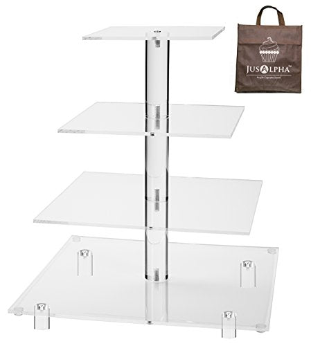 Jusalpha® Large 4 Tier Square Acrylic Cupcake Tower Stand for Dessert, Pastry, Serving Platter-Candy Bar Party Décor and Supply(with Rod Feet) (4SF-V2)