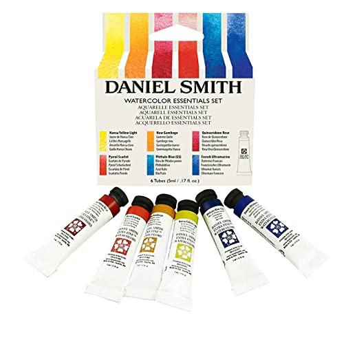 DANIEL SMITH 285610005 Extra Fine Essentials Introductory Watercolor, 6 Tubes, 5ml, Blue/Transparent/Yellow, 0.17 Fl Oz (Pack of 6)