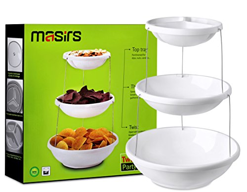 Masirs Collapsible Bowl, 3 Tier, The Decorative Plastic Bowls Twist Down & Fold Inside, Minimal Storage Space, Perfect for Serving Snacks, Salad and Fruit, The Top Bowl is Divided into Three Sections