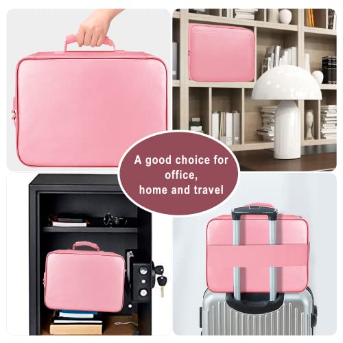 File Organizer Bag with Lock,DocSafe Fireproof Document Bag with Water-Resistant Zipper,3-Layer Portable Travel Home Office Filing Storage Safe Bag for Files,Cash,Laptop,Passport,Certificates,Pink