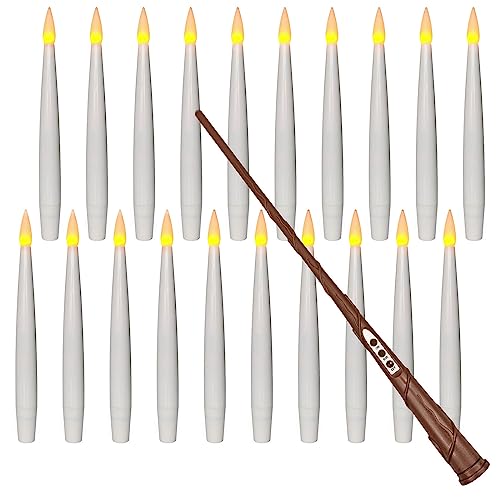 Leejec Floating Candles with Magic Wand Remote (6/18H Timer), Halloween Decorations, 20pcs 6.1" Hanging Flameless Taper Candles, Flickering Warm Light, Christmas, Wedding, Theme Party Decor (White)