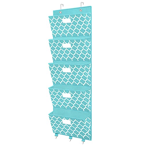 Over The Door File Organizer, Hanging Wall Mounted Storage Holder Pocket Chart for Magazine, Notebooks, Planners, Mails, 5 Extra Large Pockets(Blue withLantern Pattern)