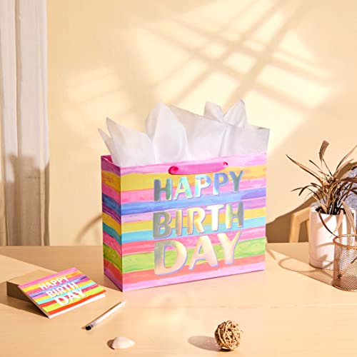 SUNCOLOR 13" Large Gift Bag with Card and Tissue Paper (Colorful Happy Birthday)