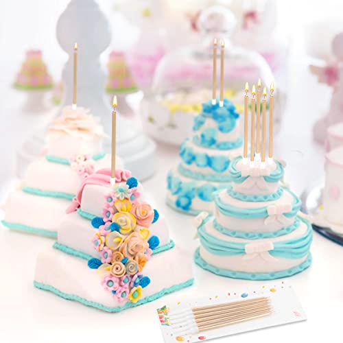 24 Count Party Long Thin Cake Candles Metallic Birthday Candles in Holders for Birthday Cakes Cupcake, Champagne Gold