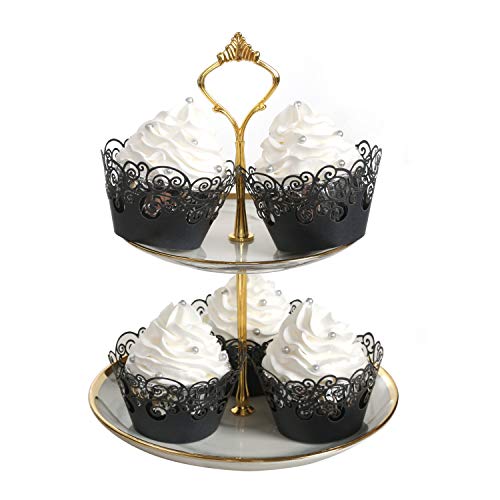 Cupcake Wrappers, KPOSIYA 50 Pack Cupcake Wraps Filigree Artistic Bake Cake Paper Cup Little Vine Laser Cut Liner Baking Cups Muffin Case Trays for Wedding Party Birthday Decoration (50, Black)