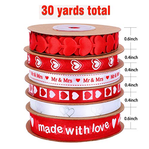 Zhanmai 6 Pieces Valentine's Day Ribbons Printed Heart Wired Ribbons Craft Satin Ribbons for Gift Wrapping DIY Supplies