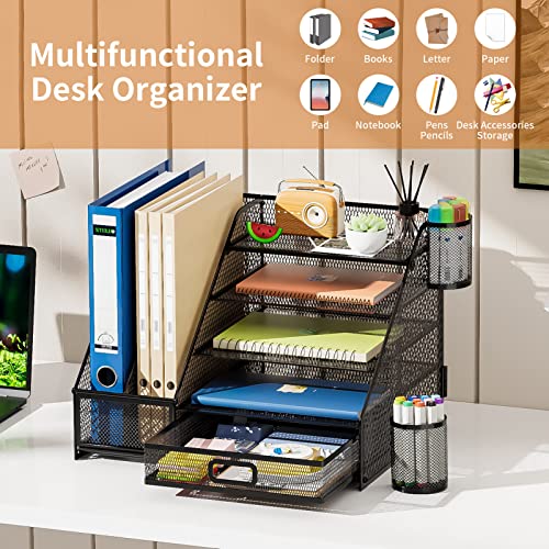 Marbrasse Desk Organizer with File Holder, 5-Tier Paper Letter Tray Organizer with Drawer and 2 Pen Holder, Mesh Desk Organizers and Accessories, Desktop Organizer and Storage for Office Supplies