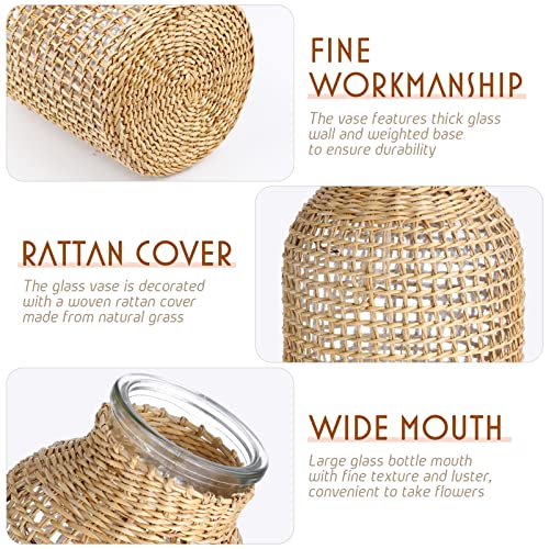 DOITOOL Boho Glass Flower Vase with Rattan Cover, Farmhouse Flower Bud Vase, Round Decorative Flower Vase Floral Container Flower Bottle for Floral Arrangements Housewarming Party Home Decor (L)