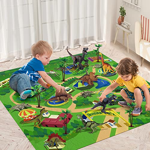 TEMI Dinosaur Toys for Kids 3-5 with Play Mat & Trees, Realistic Jurassic Dinosaur Figures to Create a Dino World Includes T-rex, Triceratops, Velociraptor, Gift for Toddlers Boys & Girls 2 3 4 5 6 7