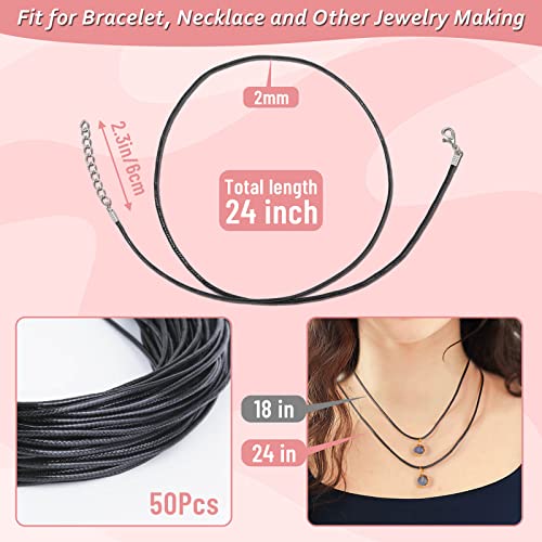 Necklace Cord, Paxcoo 50Pcs Black Necklace String Rope with Clasp, 24 Inch Black Waxed Cotton Cord Necklace Bulk for Charms Pendants, Bracelets, Necklaces, Jewelry Making Supplies and Beading Supplies