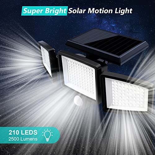 Tuffenough Solar Outdoor Lights 2500LM 210 LED Security Lights with Remote Control,3 Heads Motion Sensor Lights, IP65 Waterproof,270° Wide Angle Flood Wall Lights with 3 Modes(1 Packs)