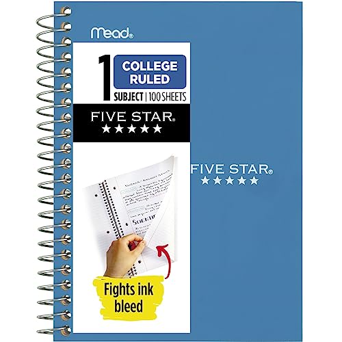 Five Star Personal Size Spiral Notebook, 1-Subject, College Ruled Paper, Fights Ink Bleed, Water Resistant Cover, 4-3/8" x 7", 100 Sheets, Tidewater Blue (45484AA4)