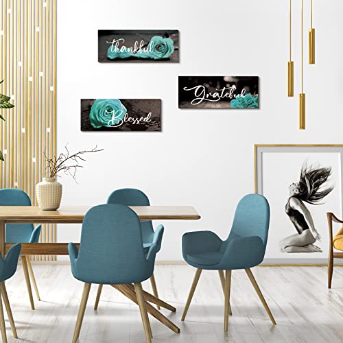 Hillban 3 Pieces Rose Wooden Wall Decor Thankful Grateful Blessed Wooden Signs Inspirational Wall Art Signs Wedding Wall Decor for Room Kitchen Bathroom (Teal,16 x 6 Inch)