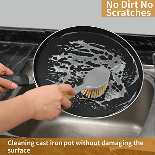 2 Pack Kitchen Dish Brush Bamboo Handle Dish Scrubber Built-in Scraper, Scrub Brush for Pans, Pots, Kitchen Sink Cleaning, Dishwashing and Cleaning Brushes are Perfect Cleaning Tools, Color-Gray
