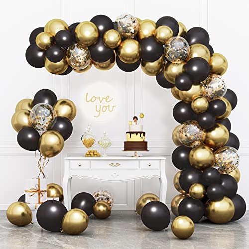 RUBFAC Black and Gold Balloons Garland Arch Kit，New Years Eve Party Balloons with Black Gold Confetti Balloons for Graduation Birthday Party Decorations