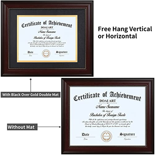 DOAI ART 8.5 x 11 Diploma Frame Classic Mahogany Display 8.5x11-inch with Black Over Gold Mat or 11x14 Document &Certificate Without Mat,Wide Molding, Gold Beads Hanging Hardware Included, Tabletop