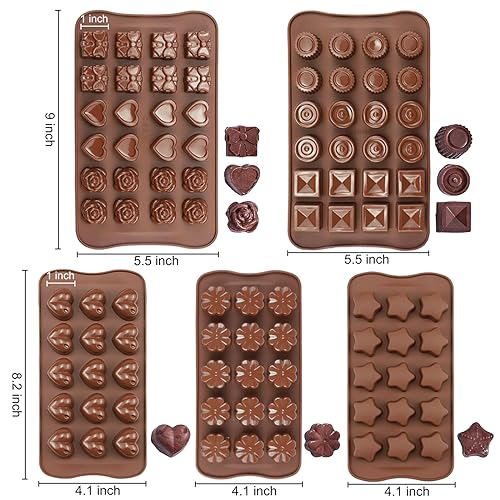 JOERSH Silicone Chocolate Molds for Fat Bombs Snacks & Truffles, 5PCS 93-Cavity Caramel Hard Candy Mold (Square, Round, Heart, Star, Flower Shapes)