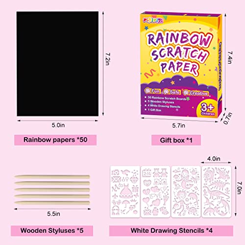 pigipigi Scratch Paper Art for Kids - 60 Pcs Rainbow Magic Scratch Off Art Crafts Set Supply Drawing Note Kit for Girls Boys Toddler Party Favor Activity Game Birthday Christmas Easter Toy Gift