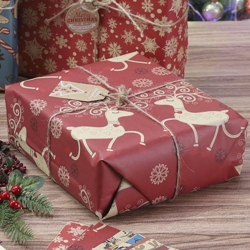SmoTecQ Christmas Gift Wrapping Paper, Made from Recycled Kraft Paper, 10 Pack 70X50CM Folded Sheets with 10 Gift Tags