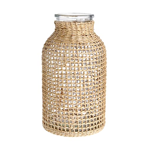 DOITOOL Boho Glass Flower Vase with Rattan Cover, Farmhouse Flower Bud Vase, Round Decorative Flower Vase Floral Container Flower Bottle for Floral Arrangements Housewarming Party Home Decor (L)