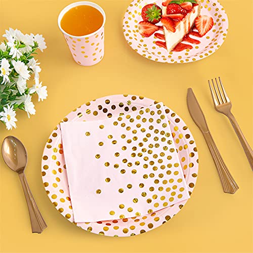 210 Piece Golden Dot Disposable Party Dinnerware Set 30 Guest -Pink Paper Plates Napkins Cups,Gold Plastic Forks Knives Spoons,FOCUSLINE Pink and Gold Party Supplies for Graduation Birthday Wedding