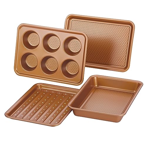 Ayesha Curry Nonstick Bakeware Toaster Oven Set with Nonstick Baking Pan, Cookie Sheet / Baking Sheet and Muffin Pan / Cupcake Pan - 4 Piece, Copper Brown