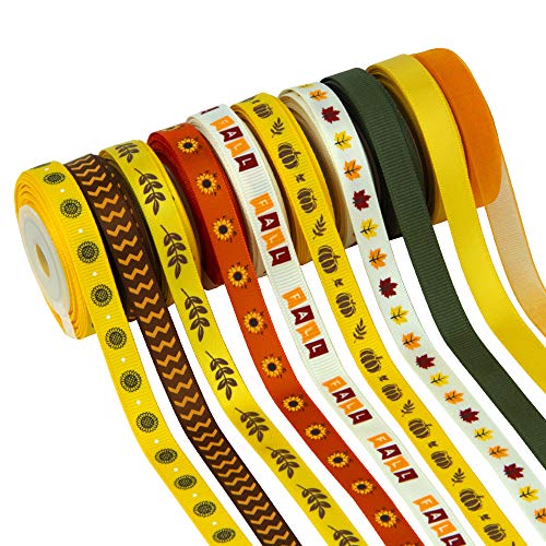 VATIN Fall Ribbon 3/8 Inch 20 Rolls X 330Fts(110Yards) Autumn Harvest Festival Ribbons Printed Grosgrain Ribbons Polyester Satin Ribbon Sheer Organze Ribbon for Gift Wrapping DIY Crafts Fall Decor