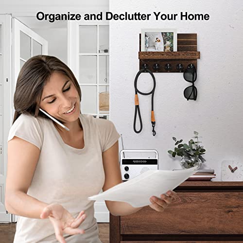 Lwenki Key Holder for Wall, Decorative Key and Mail Holder with Shelf Has Large Key Hooks for Bags, Coats – Paulownia Wood Key Hanger with Mounting Hardware (9.8”W x 6.7”H x 4.2”D) (Brown)