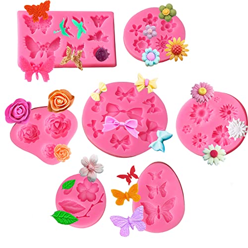 Flower Silicone Mold,7 Pack for Rose, Chocolate, Cake, Butterfly, Mini Bow, Cupcake, Jelly, Mini Muffins and Candy Making