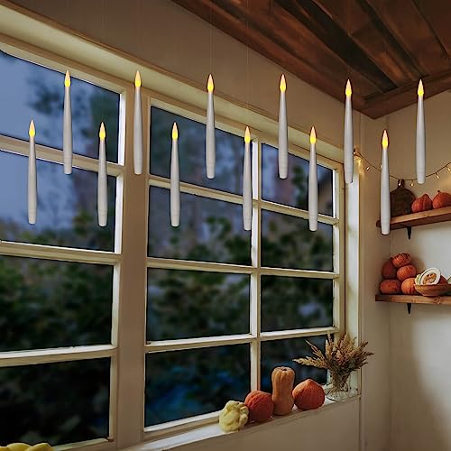 Leejec Floating Candles with Magic Wand Remote (6/18H Timer), Halloween Decorations, 20pcs 6.1" Hanging Flameless Taper Candles, Flickering Warm Light, Christmas, Wedding, Theme Party Decor (White)