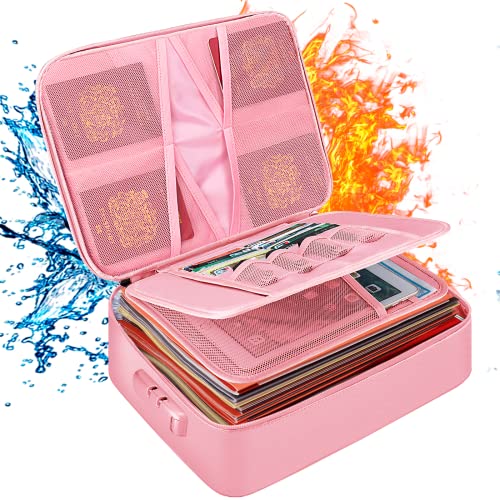 File Organizer Bag with Lock,DocSafe Fireproof Document Bag with Water-Resistant Zipper,3-Layer Portable Travel Home Office Filing Storage Safe Bag for Files,Cash,Laptop,Passport,Certificates,Pink