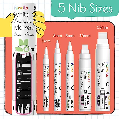 Funcils 5 Acrylic White Paint Pens - Fine & Jumbo Size Ink Pens (1mm, 3mm, 6mm, 10mm, 15mm) - Permanent White Marker Ink for Rock Painting, Fabric, Tire, Metal, Wood, Canvas, Glass, Plastic, Ceramic