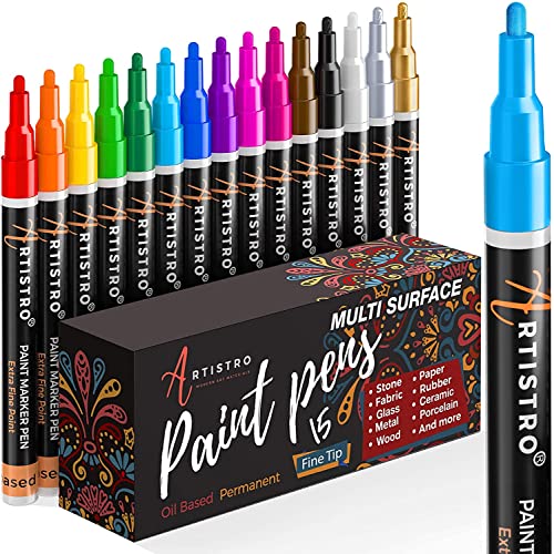 ARTISTRO 15 Oil Based Paint markers for Wood, Rock, Fabric, Glass - Permanent, Quick Dry, Waterproof - Oil paint pens for Ceramic, Mugs, Metal, Plastic - 1mm Fine Tip