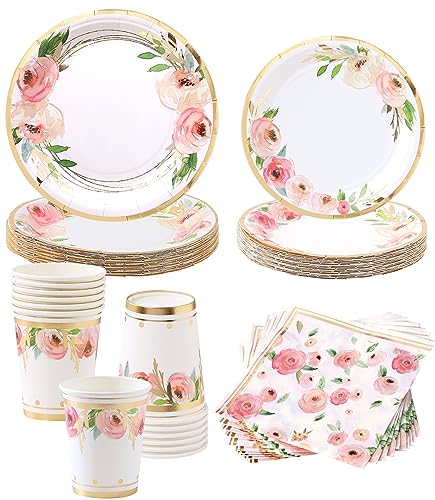 Floral Plates and Napkins Party Supplies - Serves 16 - Flower Paper Plates Floral Party Cups Floral Baby Shower Decorations for Girl Pink and Gold Bridal Shower Tea Party Flower Birthday Decorations