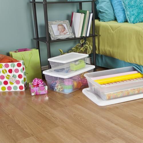 Sterilite 6 Qt Storage Box, Stackable Bin with Lid, Plastic Container to Organize Shoes and Crafts on Closet Shelves, Clear with White Lid, 12-pack