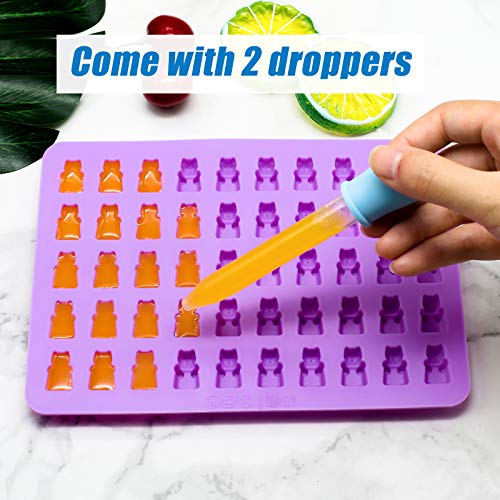 Gummy Bear Candy Molds Silicone, Gummy Molds with 2 Droppers, Non-stick Silicone Candy Molds Including Mini Dinosaur, Bear Shape, Hearts and Mini Donut, Set of 4