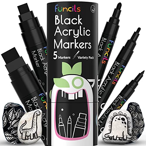 Funcils 5 Acrylic Black Paint Pen - Fine Tip, Thin Point & Jumbo Pens (1mm, 3mm, 6mm, 10mm, 15mm) - Black Paint Marker for Plastic, Canvas, Wood, Rock Painting, Fabric, Tire, Metal, Glass