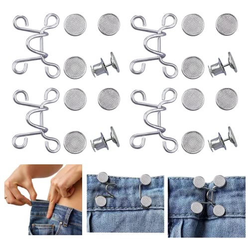 Urmspst 4 Set Pant Waist Tightener, Adjustable Waist Buckle Set, Extra Button for Jeans to Make Tighter, Button Adjuster for Pants, Jeans, Skirts, Sleeves, (Silver)