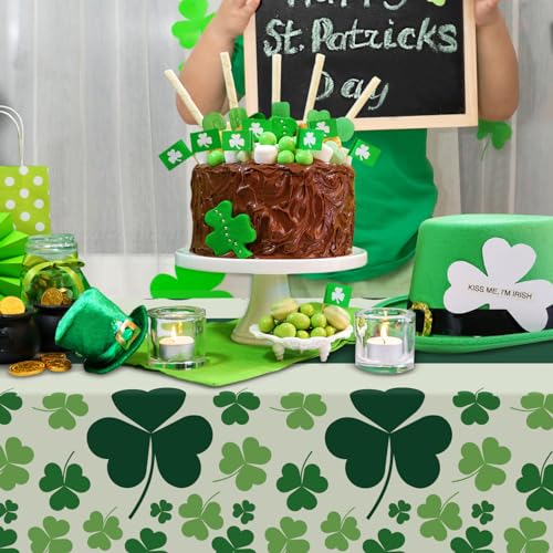 St Patricks Tablecloth for Rectangle Tables, 3 Pack Disposable Plastic 54" x 108" St Patricks Day Decorations, Shamrock Patterned Spring St Patricks Party Table Cloth for Dining Room Kitchen Decor